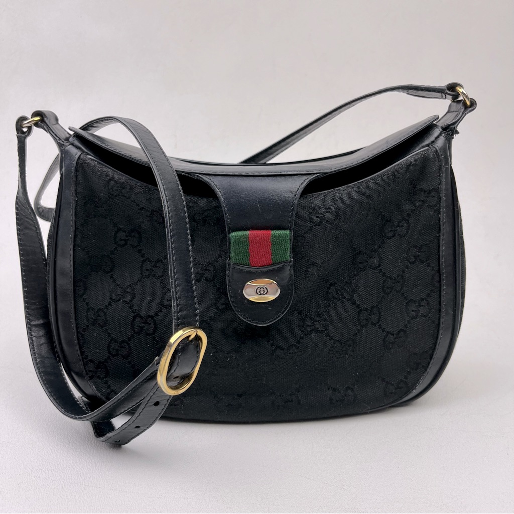 Gucci Accessory Collection Handbag Made In Italy Black Gg Canvas Coated Vintage